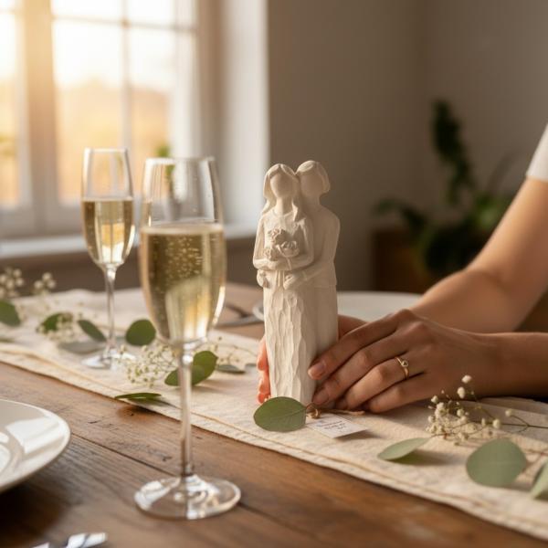 Handgegossenes Raysin‑Brautpaar in matter, weißer Optik, ca. 13 cm hoch.